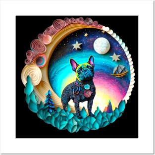 French Bulldog Frenchie Full Moon Galaxy Stars Trees Artwork Posters and Art